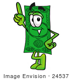 #24537 Clip Art Graphic Of A Flat Green Dollar Bill Cartoon Character Pointing Upwards