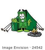 #24542 Clip Art Graphic Of A Flat Green Dollar Bill Cartoon Character Camping With A Tent And Fire