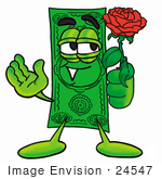 #24547 Clip Art Graphic Of A Flat Green Dollar Bill Cartoon Character Holding A Red Rose On Valentines Day