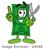 #24548 Clip Art Graphic Of A Flat Green Dollar Bill Cartoon Character Holding A Pair Of Scissors