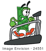 #24551 Clip Art Graphic Of A Flat Green Dollar Bill Cartoon Character Walking On A Treadmill In A Fitness Gym