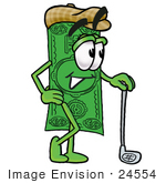 #24554 Clip Art Graphic Of A Flat Green Dollar Bill Cartoon Character Leaning On A Golf Club While Golfing