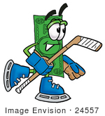 #24557 Clip Art Graphic Of A Flat Green Dollar Bill Cartoon Character Playing Ice Hockey