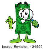 #24559 Clip Art Graphic Of A Flat Green Dollar Bill Cartoon Character Looking Through A Magnifying Glass