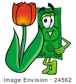 #24562 Clip Art Graphic Of A Flat Green Dollar Bill Cartoon Character With A Red Tulip Flower In The Spring