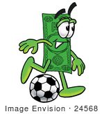 #24568 Clip Art Graphic Of A Flat Green Dollar Bill Cartoon Character Kicking A Soccer Ball