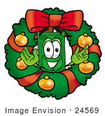 #24569 Clip Art Graphic Of A Flat Green Dollar Bill Cartoon Character In The Center Of A Christmas Wreath