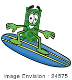 #24575 Clip Art Graphic Of A Flat Green Dollar Bill Cartoon Character Surfing On A Blue And Yellow Surfboard