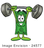 #24577 Clip Art Graphic Of A Flat Green Dollar Bill Cartoon Character Holding A Heavy Barbell Above His Head