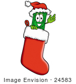 #24583 Clip Art Graphic Of A Flat Green Dollar Bill Cartoon Character Wearing A Santa Hat Inside A Red Christmas Stocking