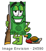 #24590 Clip Art Graphic Of A Flat Green Dollar Bill Cartoon Character Duck Hunting Standing With A Rifle And Duck