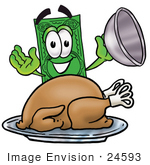 #24593 Clip Art Graphic Of A Flat Green Dollar Bill Cartoon Character Serving A Thanksgiving Turkey On A Platter