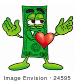 #24595 Clip Art Graphic Of A Flat Green Dollar Bill Cartoon Character With His Heart Beating Out Of His Chest