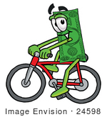 #24598 Clip Art Graphic Of A Flat Green Dollar Bill Cartoon Character Riding A Bicycle