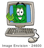 #24600 Clip Art Graphic Of A Flat Green Dollar Bill Cartoon Character Waving From Inside A Computer Screen
