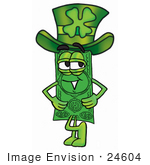 #24604 Clip Art Graphic Of A Flat Green Dollar Bill Cartoon Character Wearing A Saint Patricks Day Hat With A Clover On It