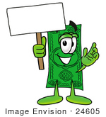 #24605 Clip Art Graphic Of A Flat Green Dollar Bill Cartoon Character Holding A Blank Sign