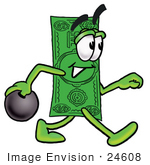 #24608 Clip Art Graphic Of A Flat Green Dollar Bill Cartoon Character Holding A Bowling Ball