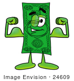 #24609 Clip Art Graphic Of A Flat Green Dollar Bill Cartoon Character Flexing His Arm Muscles