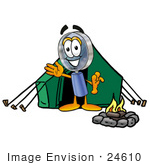 #24610 Clip Art Graphic Of A Blue Handled Magnifying Glass Cartoon Character Camping With A Tent And Fire