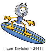 #24611 Clip Art Graphic Of A Blue Handled Magnifying Glass Cartoon Character Surfing On A Blue And Yellow Surfboard