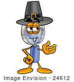 #24612 Clip Art Graphic Of A Blue Handled Magnifying Glass Cartoon Character Wearing A Pilgrim Hat On Thanksgiving