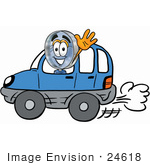 #24618 Clip Art Graphic Of A Blue Handled Magnifying Glass Cartoon Character Driving A Blue Car And Waving