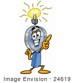 #24619 Clip Art Graphic Of A Blue Handled Magnifying Glass Cartoon Character With A Bright Idea