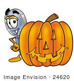 #24620 Clip Art Graphic Of A Blue Handled Magnifying Glass Cartoon Character With A Carved Halloween Pumpkin