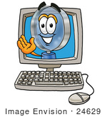 #24629 Clip Art Graphic Of A Blue Handled Magnifying Glass Cartoon Character Waving From Inside A Computer Screen