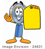 #24631 Clip Art Graphic Of A Blue Handled Magnifying Glass Cartoon Character Holding A Yellow Sales Price Tag