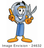#24632 Clip Art Graphic Of A Blue Handled Magnifying Glass Cartoon Character Holding A Pair Of Scissors
