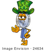 #24634 Clip Art Graphic Of A Blue Handled Magnifying Glass Cartoon Character Wearing A Saint Patricks Day Hat With A Clover On It