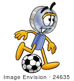 #24635 Clip Art Graphic Of A Blue Handled Magnifying Glass Cartoon Character Kicking A Soccer Ball