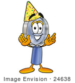 #24638 Clip Art Graphic Of A Blue Handled Magnifying Glass Cartoon Character Wearing A Birthday Party Hat