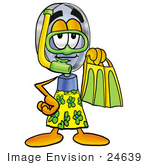 #24639 Clip Art Graphic Of A Blue Handled Magnifying Glass Cartoon Character In Green And Yellow Snorkel Gear