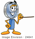 #24641 Clip Art Graphic Of A Blue Handled Magnifying Glass Cartoon Character Holding A Pointer Stick