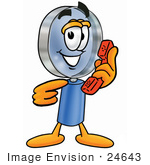 #24643 Clip Art Graphic Of A Blue Handled Magnifying Glass Cartoon Character Holding A Telephone