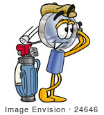 #24646 Clip Art Graphic Of A Blue Handled Magnifying Glass Cartoon Character Swinging His Golf Club While Golfing