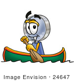 #24647 Clip Art Graphic Of A Blue Handled Magnifying Glass Cartoon Character Rowing A Boat