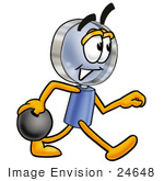 #24648 Clip Art Graphic Of A Blue Handled Magnifying Glass Cartoon Character Holding A Bowling Ball