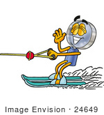 #24649 Clip Art Graphic Of A Blue Handled Magnifying Glass Cartoon Character Waving While Water Skiing