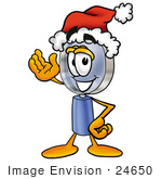 #24650 Clip Art Graphic Of A Blue Handled Magnifying Glass Cartoon Character Wearing A Santa Hat And Waving