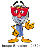 #24654 Clip Art Graphic Of A Blue Handled Magnifying Glass Cartoon Character Wearing A Red Mask Over His Face