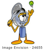 #24655 Clip Art Graphic Of A Blue Handled Magnifying Glass Cartoon Character Preparing To Hit A Tennis Ball