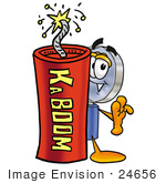 #24656 Clip Art Graphic Of A Blue Handled Magnifying Glass Cartoon Character Standing With A Lit Stick Of Dynamite