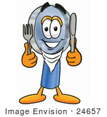 #24657 Clip Art Graphic Of A Blue Handled Magnifying Glass Cartoon Character Holding A Knife And Fork