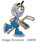 #24659 Clip Art Graphic Of A Blue Handled Magnifying Glass Cartoon Character Playing Ice Hockey