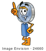 #24660 Clip Art Graphic Of A Blue Handled Magnifying Glass Cartoon Character Pointing Upwards