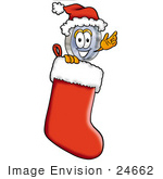 #24662 Clip Art Graphic Of A Blue Handled Magnifying Glass Cartoon Character Wearing A Santa Hat Inside A Red Christmas Stocking